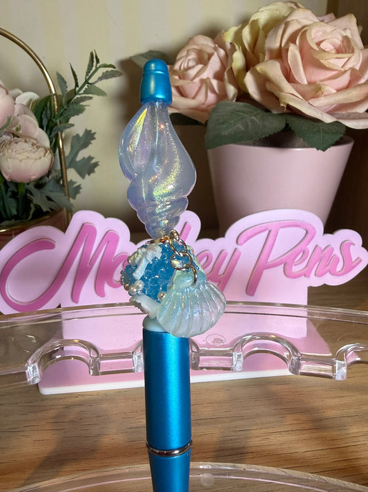 Blue Pearlescent Shell Beaded Pen