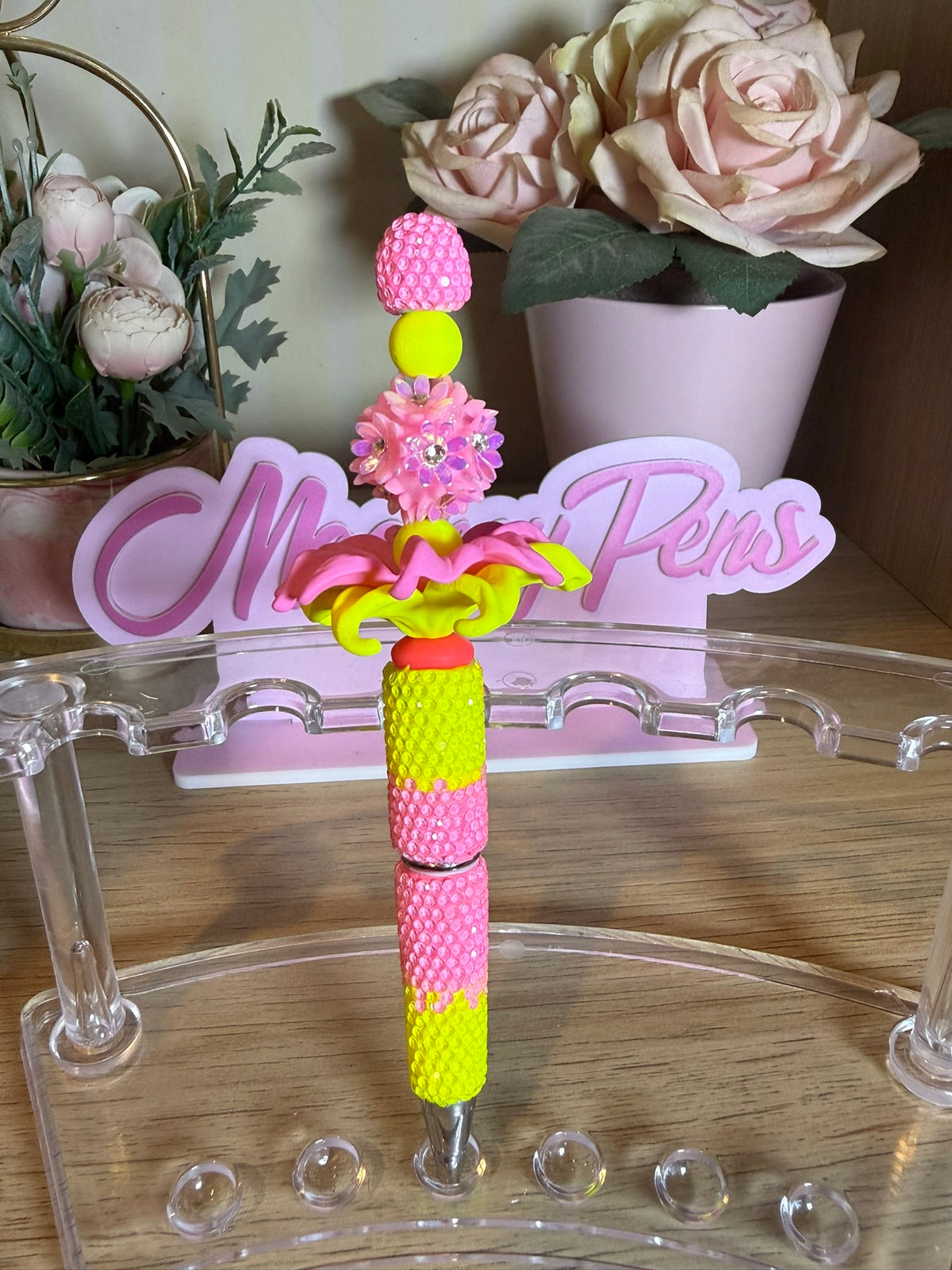 Neon Yellow & Pink Floral Rhinestone Pen