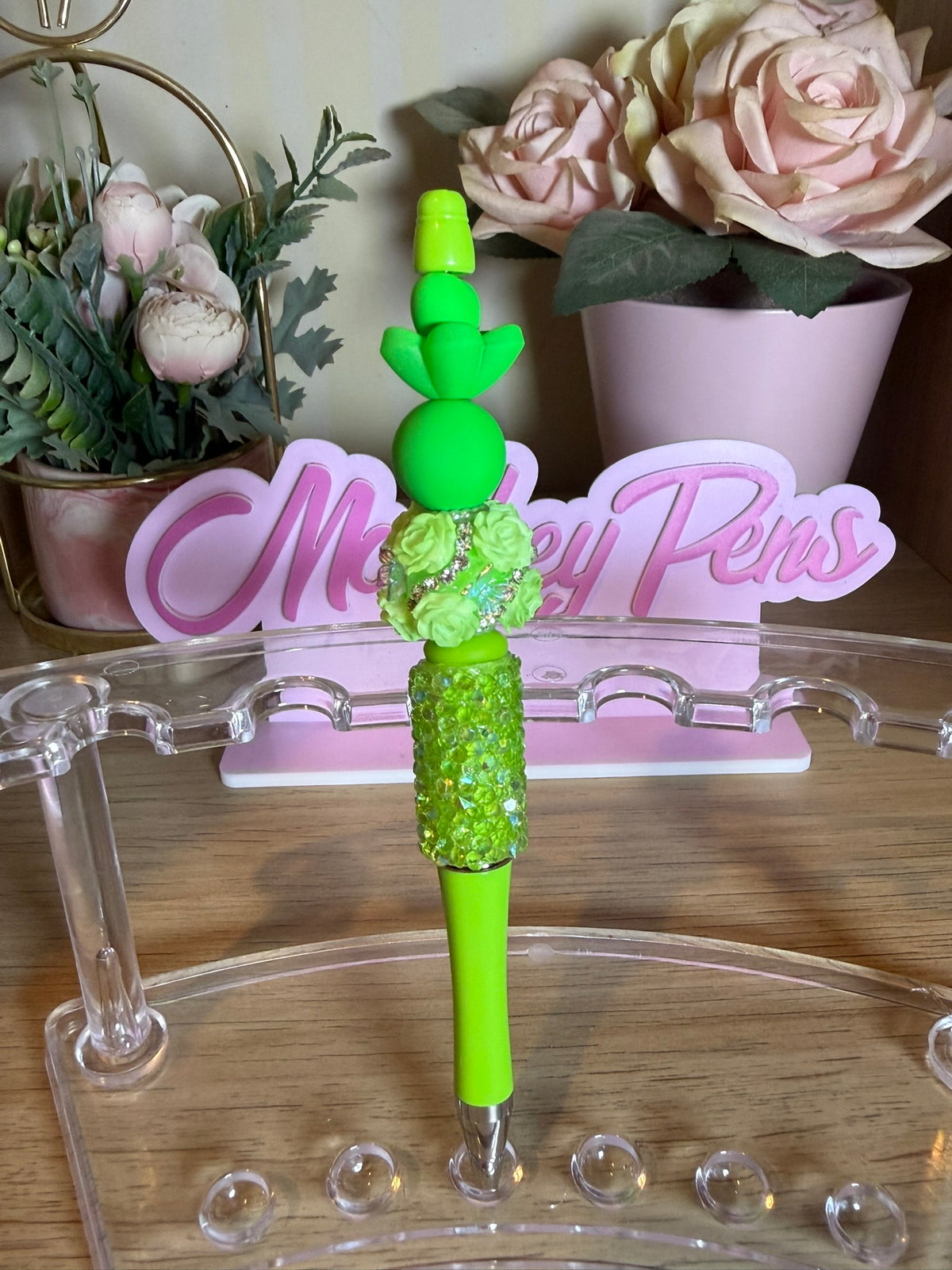 Neon Lime Green Floral Beaded Pen