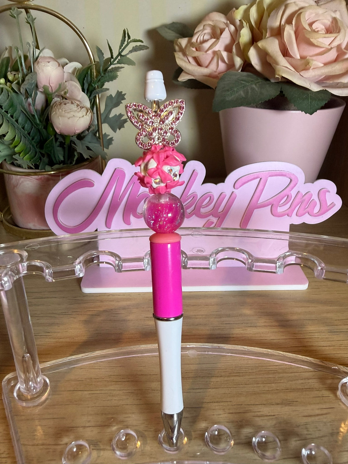 Sparkly Butterfly & Bow Beaded Pen | Pink & White