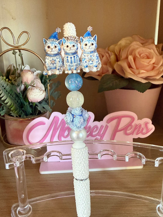 Blue & White Trio Cat Beaded Pen