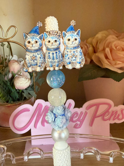 Blue & White Trio Cat Beaded Pen