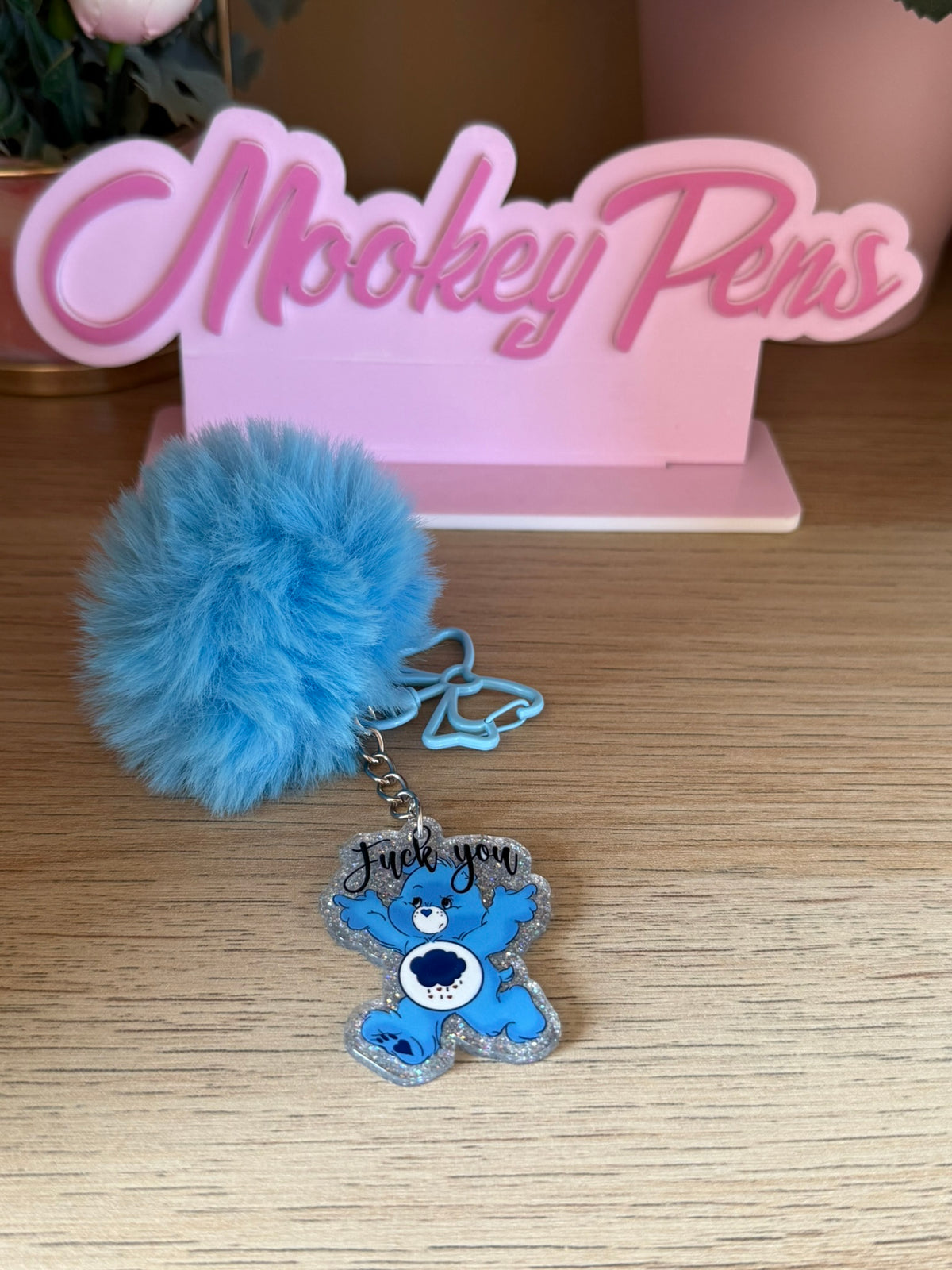 Blue Swear Bear Keyring with Pom