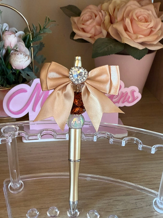 Gold Bow Flower Beaded Pen
