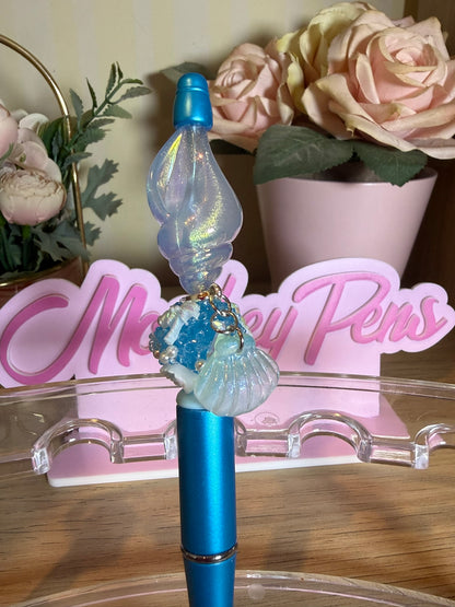 Blue Pearlescent Shell Beaded Pen