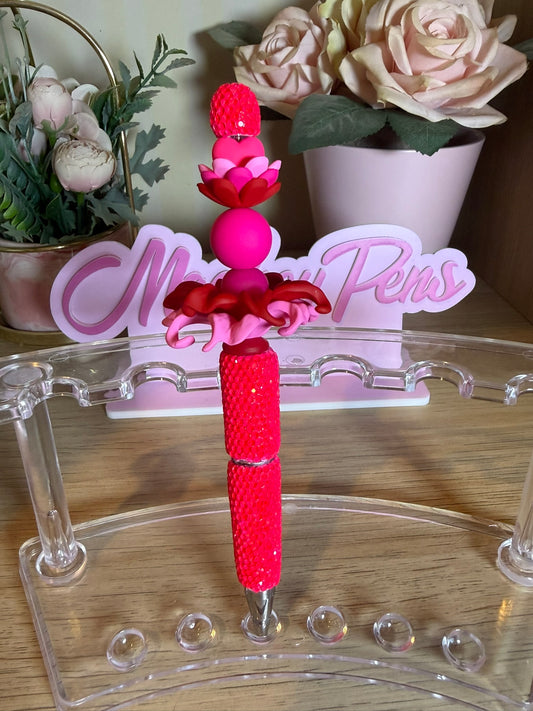 Red & Pink Floral Rhinestone Neon Pen