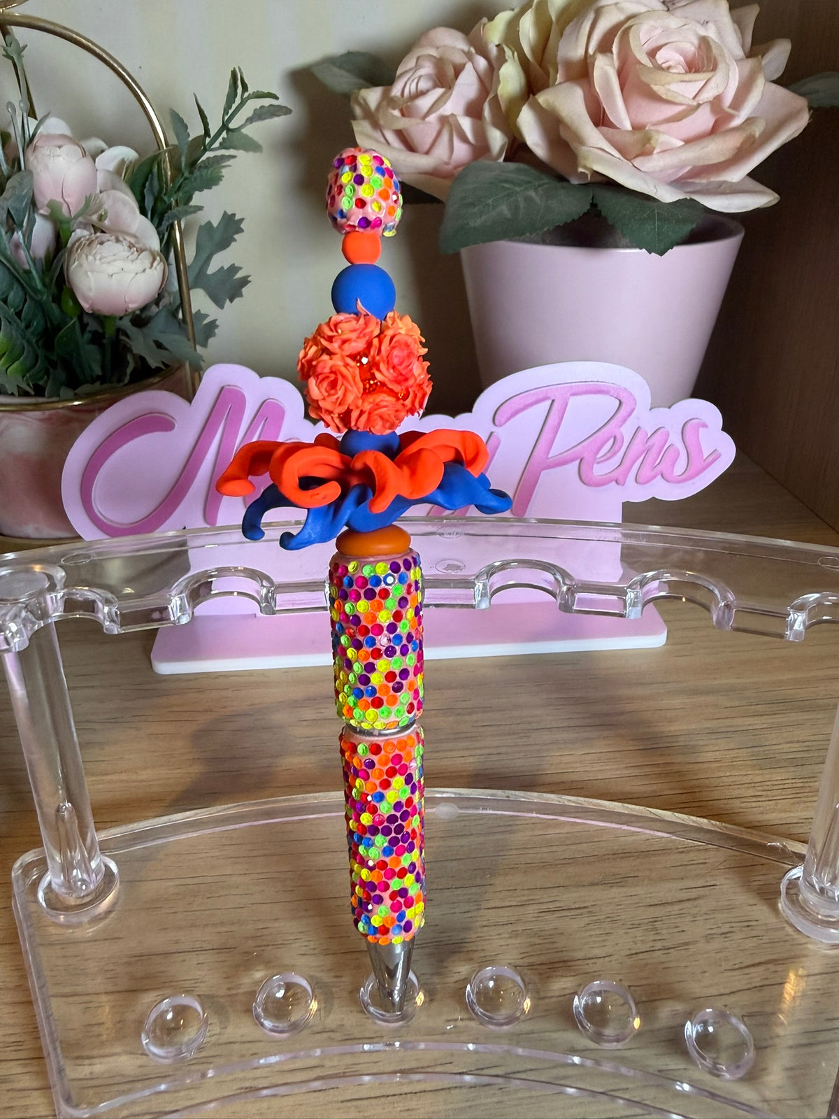 Neon Orange & Blue Floral Rhinestone Pen
