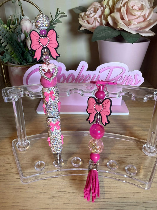 Pink Bow Rhinestone Pen & Keyring Set