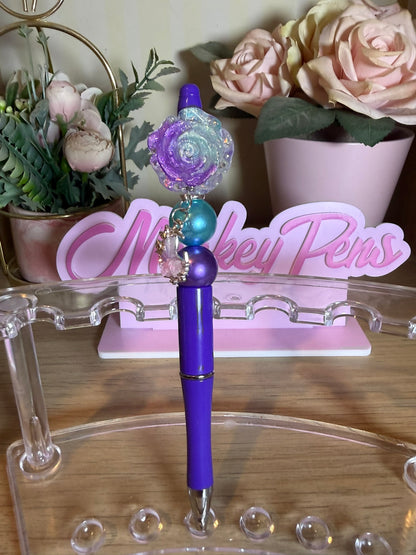 Ombre Blue & Purple Flower Beaded Pen with Butterfly Dangle