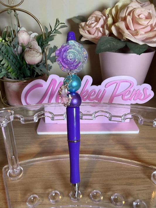 Ombre Blue & Purple Flower Beaded Pen with Butterfly Dangle