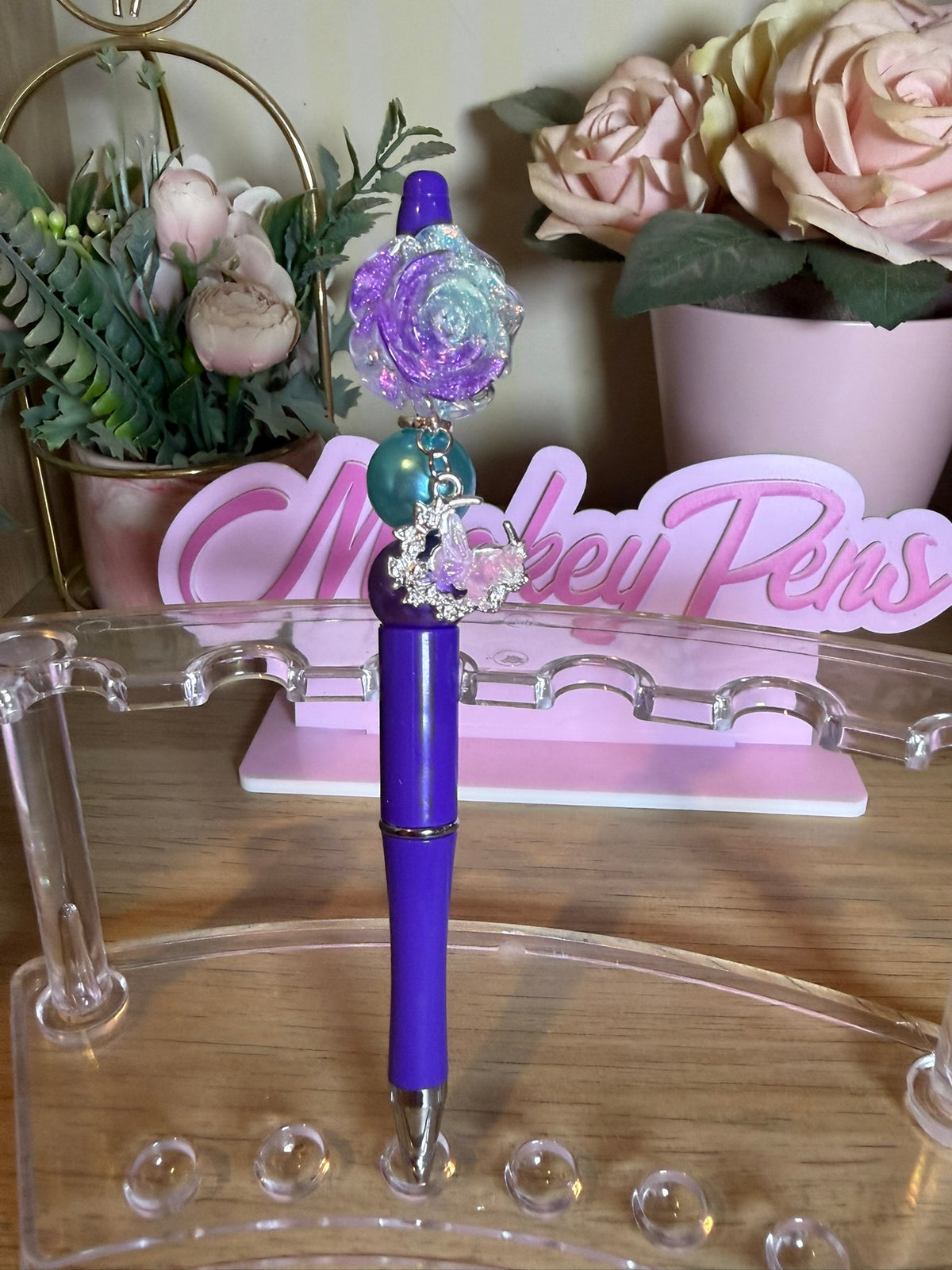 Ombre Blue & Purple Flower Beaded Pen with Butterfly Dangle