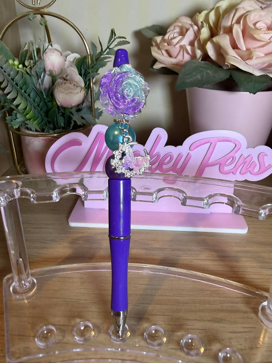 Ombre Blue & Purple Flower Beaded Pen with Butterfly Dangle